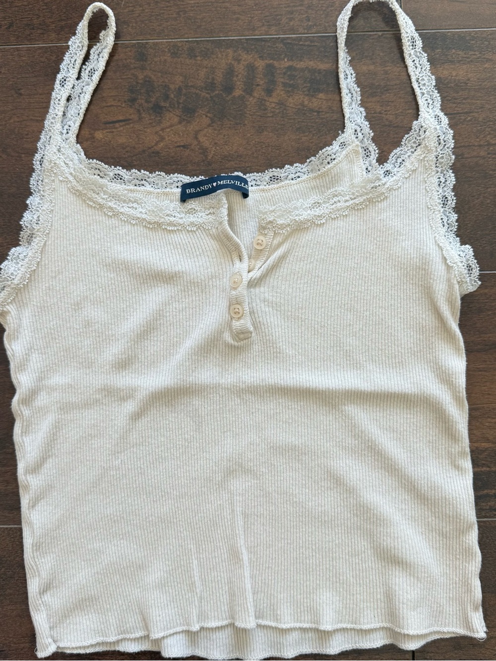 Brandy Melville Cream Ribbed Lace-Trim Henley Cami